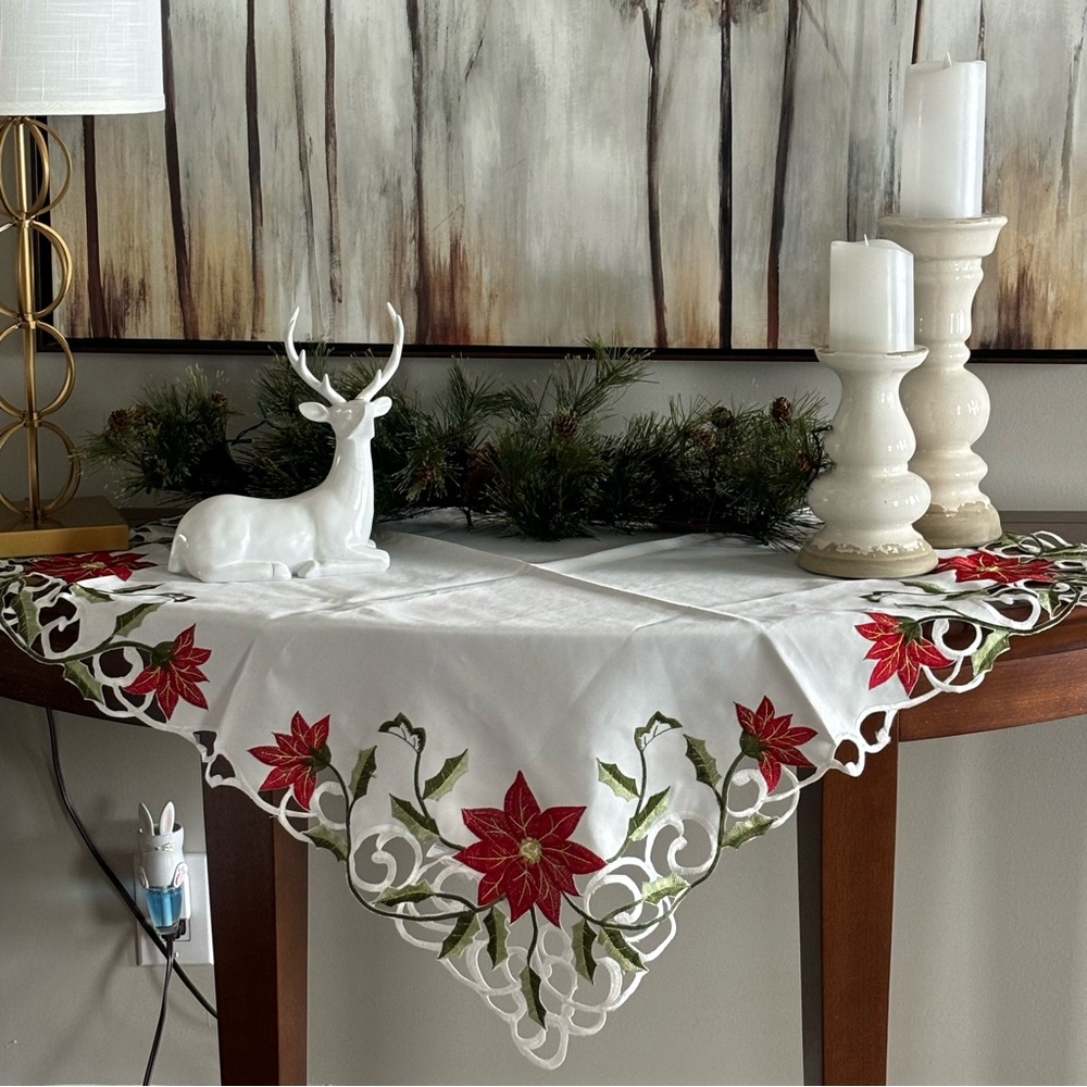 Collections ETC EMB Table Topper tablecoth 33” square open cutwork poinsettias